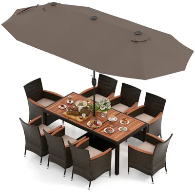 Hivvago 11 Pieces Patio Dining Set With 15 Feet Double-sided Patio Umbrella And Base In Brown