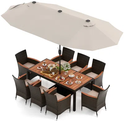Hivvago 11 Pieces Patio Dining Set With 15 Feet Double-sided Patio Umbrella And Base-wine