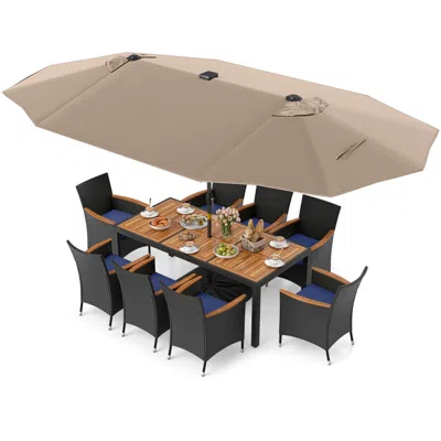 Hivvago 11 Pieces Patio Dining Set With Led Patio Umbrella With Base And Seat Cushions In Black