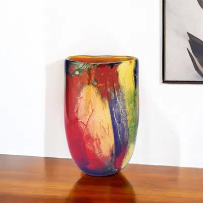 Hivvago 11" Red Purple And Yellow Abstract Oval Murano Glass Table Vase In Multi