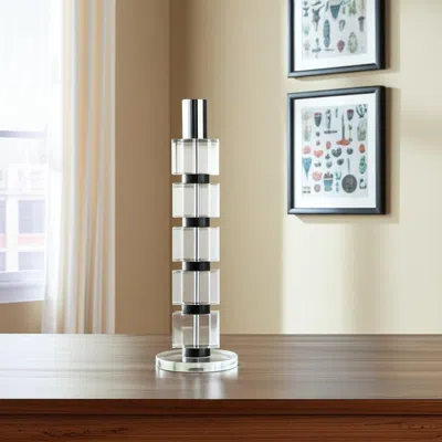 Hivvago 11" Silver Clear And Black Geo Crystal Tabletop Taper Candlestick