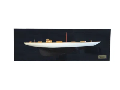 Hivvago 12" Black And White Solid Wood Hand Painted Shamrock V Yacht Half-hull Model Boat