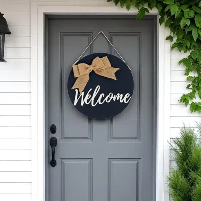 Hivvago 12" Black Hello And Welcome Solid Wood Reversible Hanging Wall Or Door Decor In Blue