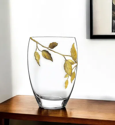 Hivvago 12" Clear And Gold Leaves Oval Crystal Glass Table Vase In Transparent