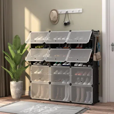 Hivvago 12-cube 48 Pairs Portable Shoe Shelves With Hook-black