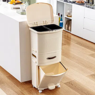 Hivvago 12-gallon Elevated Trash Can Recycle Bin With Lid On Wheels In Cream In Neutral