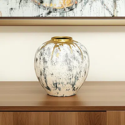 Hivvago 12" Gold Gray And Ivory Abstract Round Ceramic Table Vase In Multi