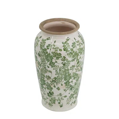 Hivvago 12" Green And White Leaf Round Ceramic Table Vase With Does Not Apply
