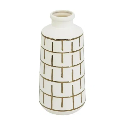 Hivvago 12" Ivory And Gold Geometric Round Ceramic Table Vase In White