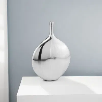 Hivvago 12" Silver Aluminum Long Neck Round Disc Table Vase