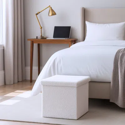 Hivvago 12" White Boucle Cube Storage Ottoman