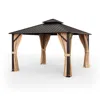 Hivvago 12 X 12 Feet Double-roof Patio Hardtop Gazebo With Galvanized Steel Roof Netting And Curtains-coffee In Brown