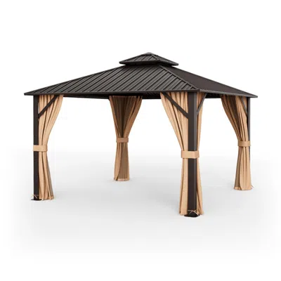 Hivvago 12 X 12 Feet Double-roof Patio Hardtop Gazebo With Galvanized Steel Roof Netting And Curtains-coffee In Brown