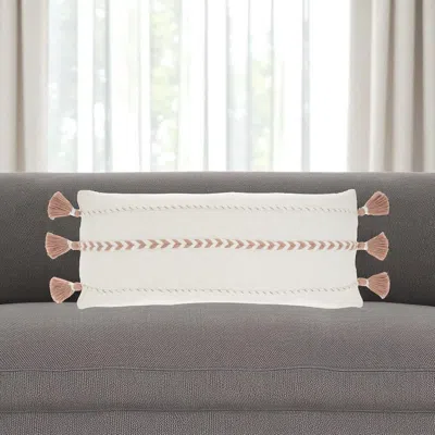 Hivvago 12" X 30" Pink And White Striped Cotton Lumbar Throw Pillow With Tassels