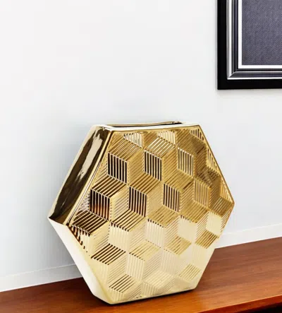 Hivvago 13" Gold Geometric Ceramic Table Vase With Sculptural Details In Brown