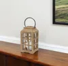 Hivvago 13" Natural Distressed Wood And Glass Centerpiece Lantern Candle Holder In Brown