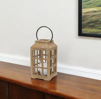 Hivvago 13" Natural Distressed Wood And Glass Centerpiece Lantern Candle Holder In Brown