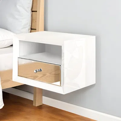 Hivvago 13" White Wood And Mirrored Glass One Drawer Floating Nightstand