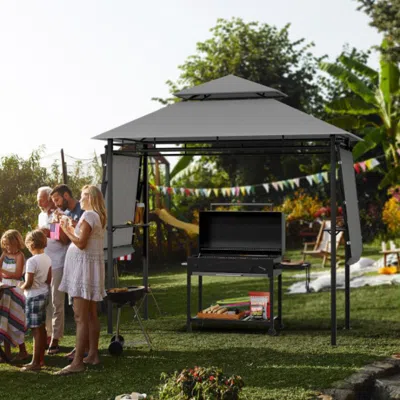 Hivvago 13.5 X 4 Feet Patio Bbq Grill Gazebo Canopy With Dual Side Awnings-gray In Gold