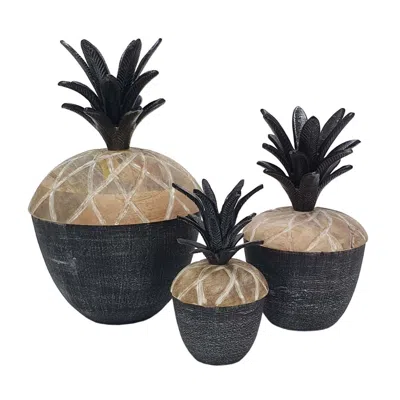 Hivvago 14, 12, 11 Inch Lidded Jar, Pineapple Design, Gray Mango Wood, Set Of 3 In Black