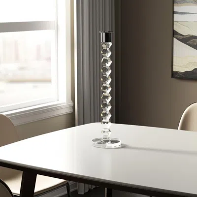 Hivvago 14" Clear And Silver Geo Stacks Crystal Tabletop Taper Candlestick In Transparent
