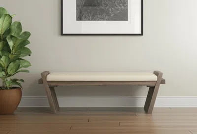 Hivvago 14" Cream And Brown Upholstered Linen Blend Bench