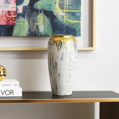Hivvago 14" Gold Gray And Ivory Abstract Round Ceramic Table Vase In Blue