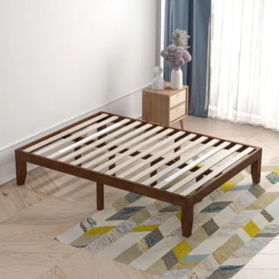 Hivvago 14 Inch Full Size Wood Platform Bed Frame With Wood Slat Support-coffee
