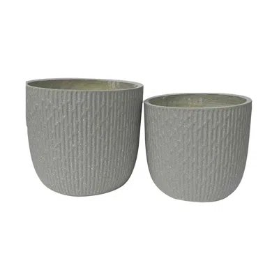Hivvago 14 Inch Planter Set Of 2, Drum Shape, Engraved Design, Textured Green In Gray