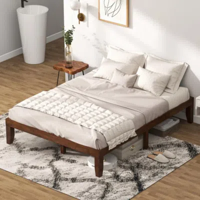 Hivvago 14 Inch Queen Size Rubber Wood Platform Bed Frame With Wood Slat Support-walnut