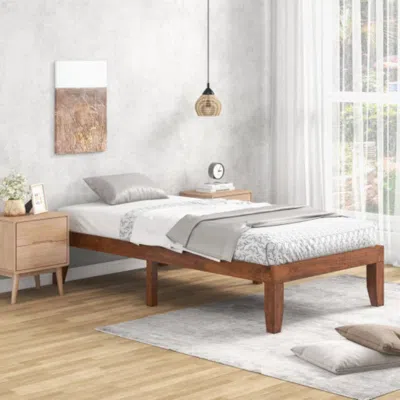 Hivvago 14 Inch Twin Size Rubber Wood Platform Bed Frame With Wood Slat Support-walnut