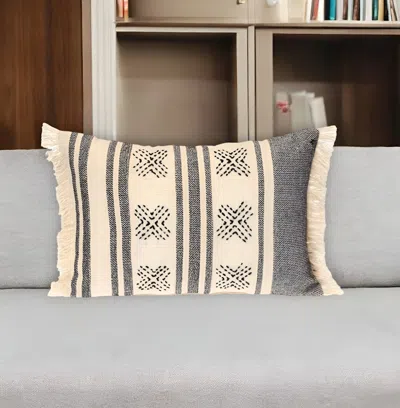 Hivvago 14" X 20" Beige And Black Southwestern Cotton Throw Pillow With Fringe In Neutral