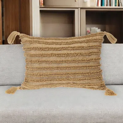 Hivvago 14" X 20" Beige Striped Cotton Throw Pillow With Tassels In Nude