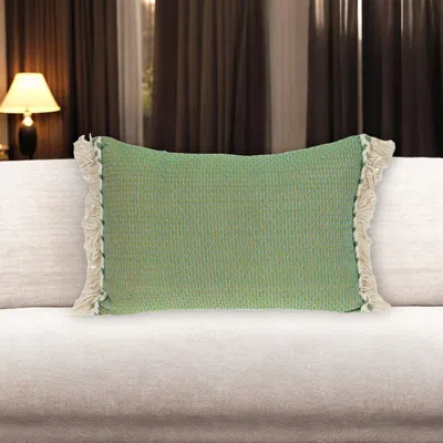 Hivvago 14" X 20" Green And Beige Cotton Lumbar Throw Pillow With Embroidery And Fringe