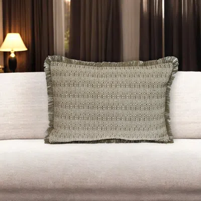 Hivvago 14" X 20" Green And White Cotton Lumbar Throw Pillow With Fringe In Gray