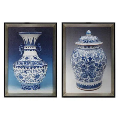 Hivvago 14 X 20 Set Of 2 Framed Wall Art Prints, Pot Design, Blue, White, And Black