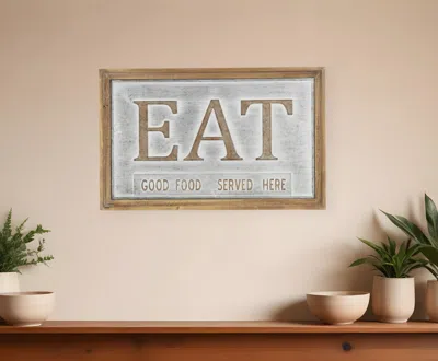 Hivvago 14" X 21" Gray And Brown Eat Wood And Metal Kitchen Wall Decor In Neutral