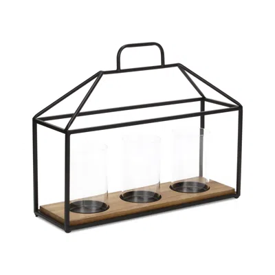 Hivvago 15" Black Metal Glass And Wood Geometric Three Light Hurricane Candle Holder