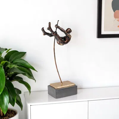 Hivvago 15" Bronze Resin Pole Vaulting Man Tabletop Sculpture In Brown