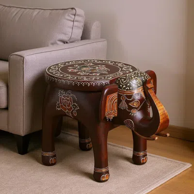 Hivvago 15" Brown Hand Painted Floral Three Dimensional Elephant End Table