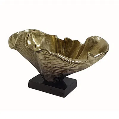 Hivvago 15 Inch Curved Shell Decorative Bowl, Aluminum, Square Base, Gold And Black