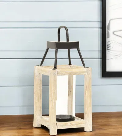 Hivvago 15" Natural And Black Glass Metal And Wood Tabletop Lantern Candle Holder In Neutral