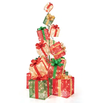 Hivvago 15 Stacked Lighted Christmas Gift Box Tower With 450 Warm White Lights In Red