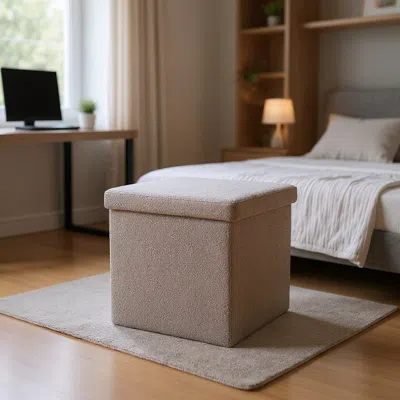 HIVVAGO 15" TAUPE BOUCLE CUBE STORAGE OTTOMAN