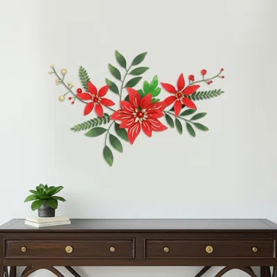 Hivvago 15" X 22" Red Christmas Poinsettia Metal Hanging Dimensional Sculpture In Multi