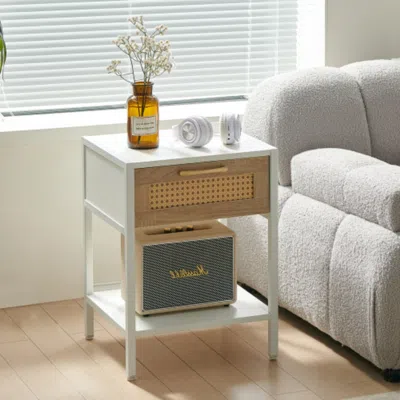 Hivvago 15.74 Inch Rattan End Table With Drawer In White Finish