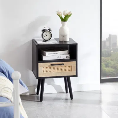 Hivvago 15.75 Inch Rattan End Table With Drawer And Solid Wood Legs In Black