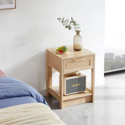 Hivvago 15.75 Inch Rattan End Table With Drawer In Natural Finish
