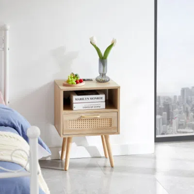 Hivvago 15.75 Inch Rattan End Table With Power Outlet And Usb Ports In Natural Finish