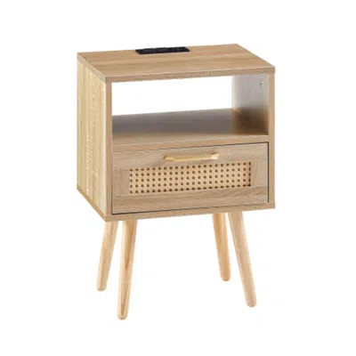 Hivvago 15.75 Inch Rattan End Table With Power Outlet And Usb Ports In Natural Finish In Gold